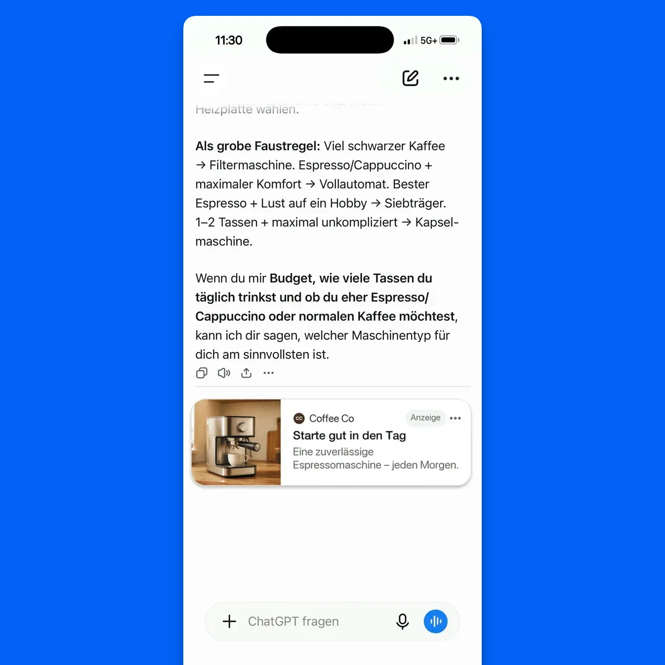 ChatGPT-Antwort auf eine Kaufberatungsfrage, darunter abgesetzt eine als gesponsert gekennzeichnete Anzeigenkarte