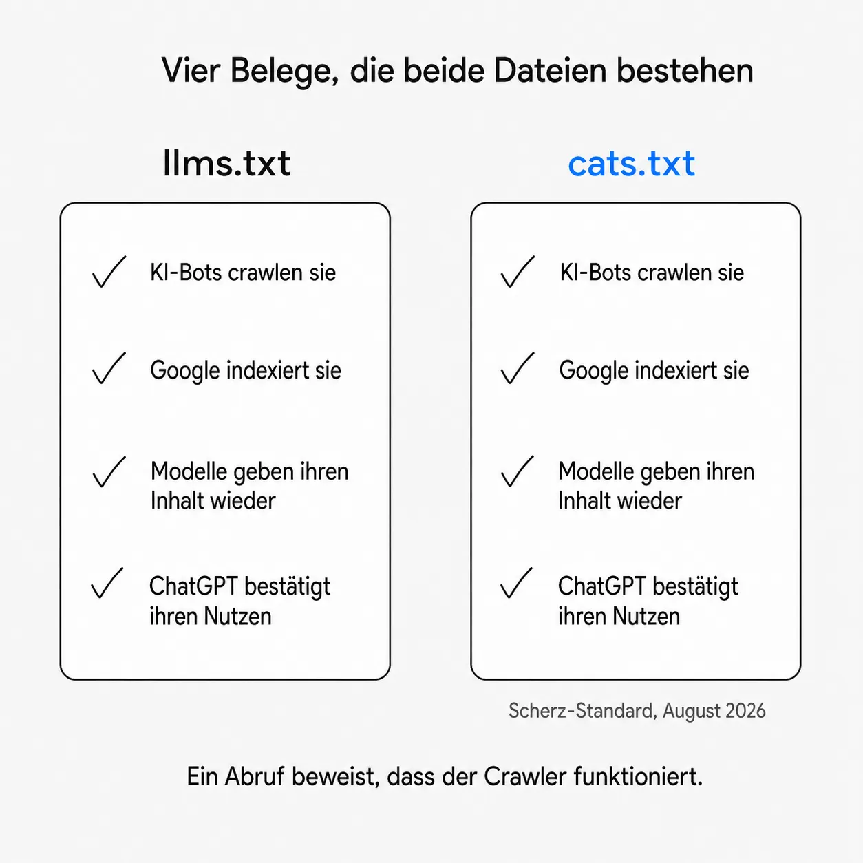 Zwei Karten nebeneinander: llms.txt und die Scherz-Datei cats.txt bestehen dieselben vier Prüfungen