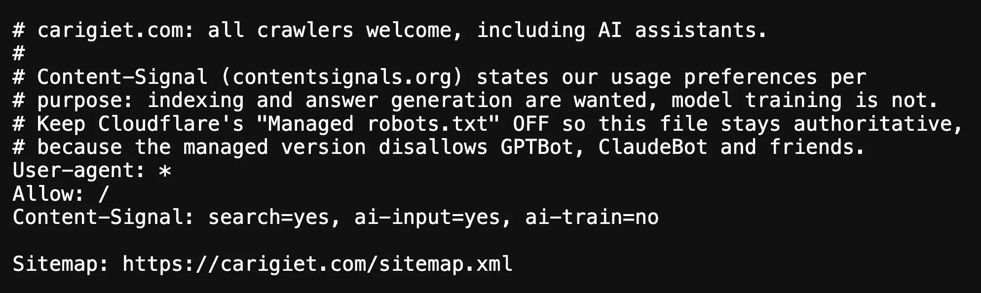 robots.txt von carigiet.com: eine Gruppe User-agent Stern mit Allow, dazu der Kommentar zur verwalteten robots.txt