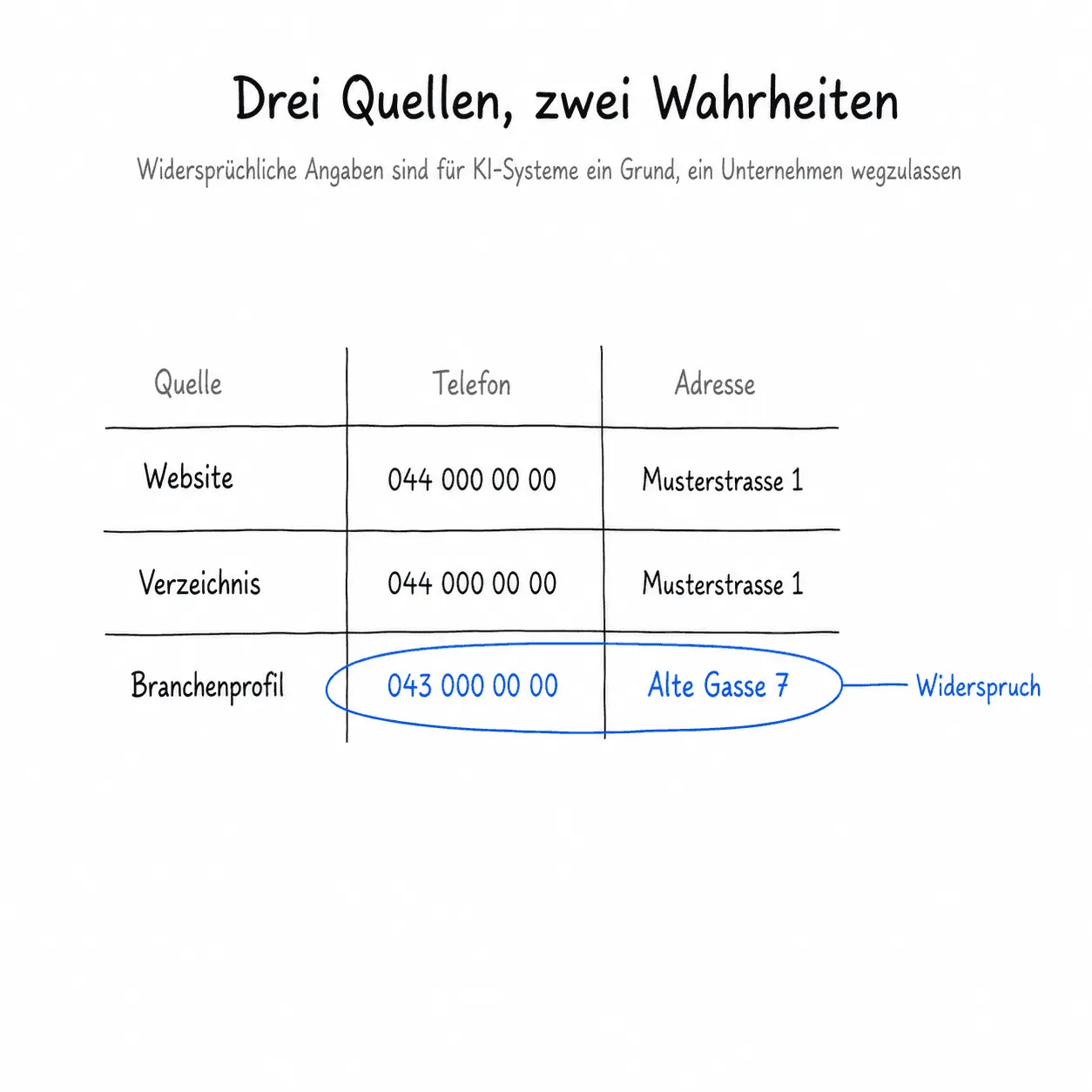 Widersprüchliche Angaben zwischen Website, Google-Profil und Verzeichnis sind für KI-Systeme ein Grund, ein Unternehmen wegzulassen oder Falsches zu übernehmen.