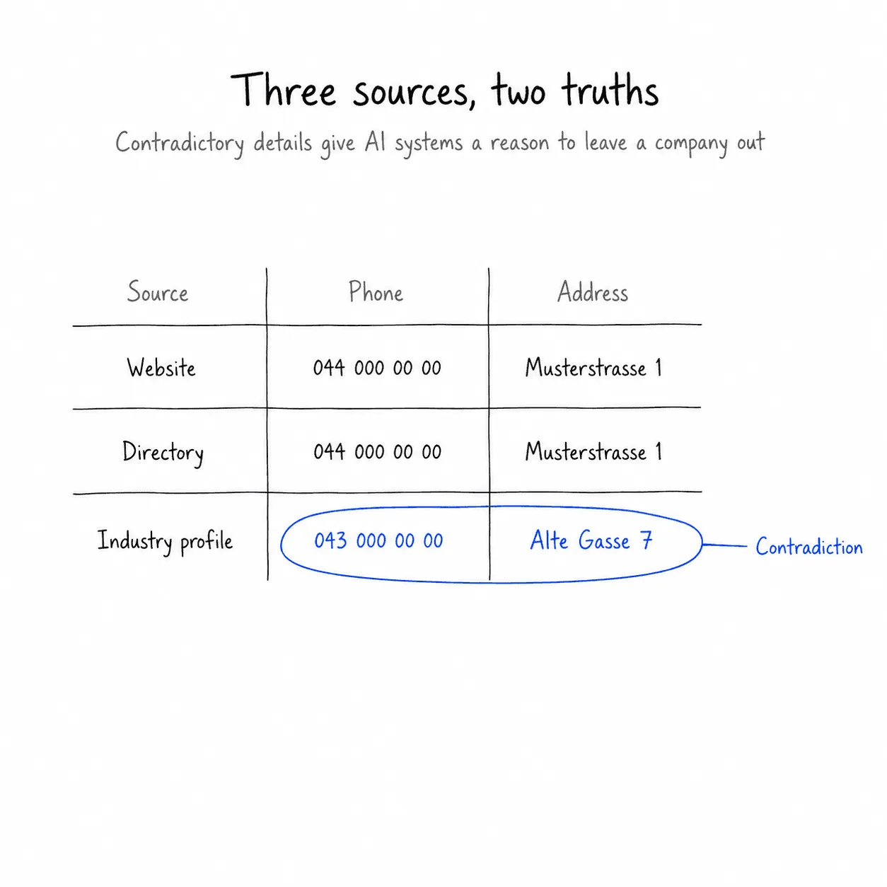 Contradictory information between your website, Google profile, and directory listings is a reason for AI systems to omit a company or adopt incorrect details.