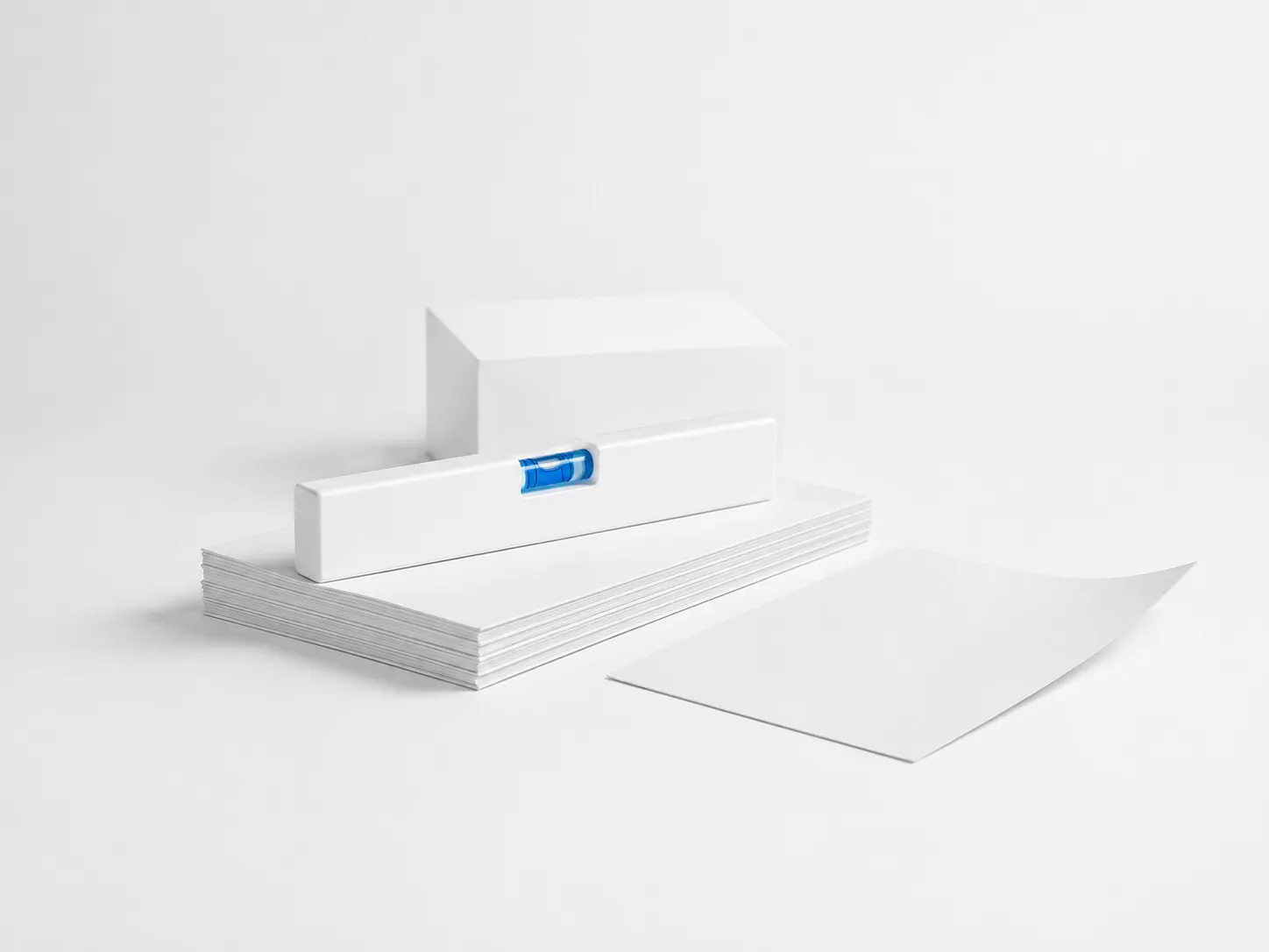 A white spirit level with a blue vial lies across a stack of blank sheets of paper, a white block behind it and a single loose sheet in front