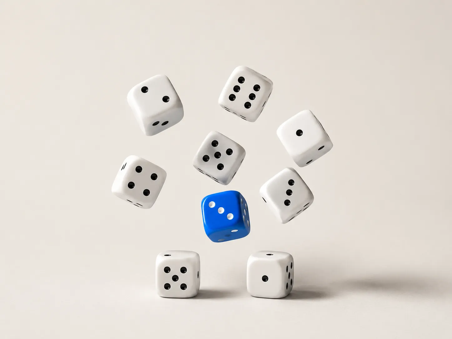 Ten dice floating against a beige background, nine white and one blue in the middle