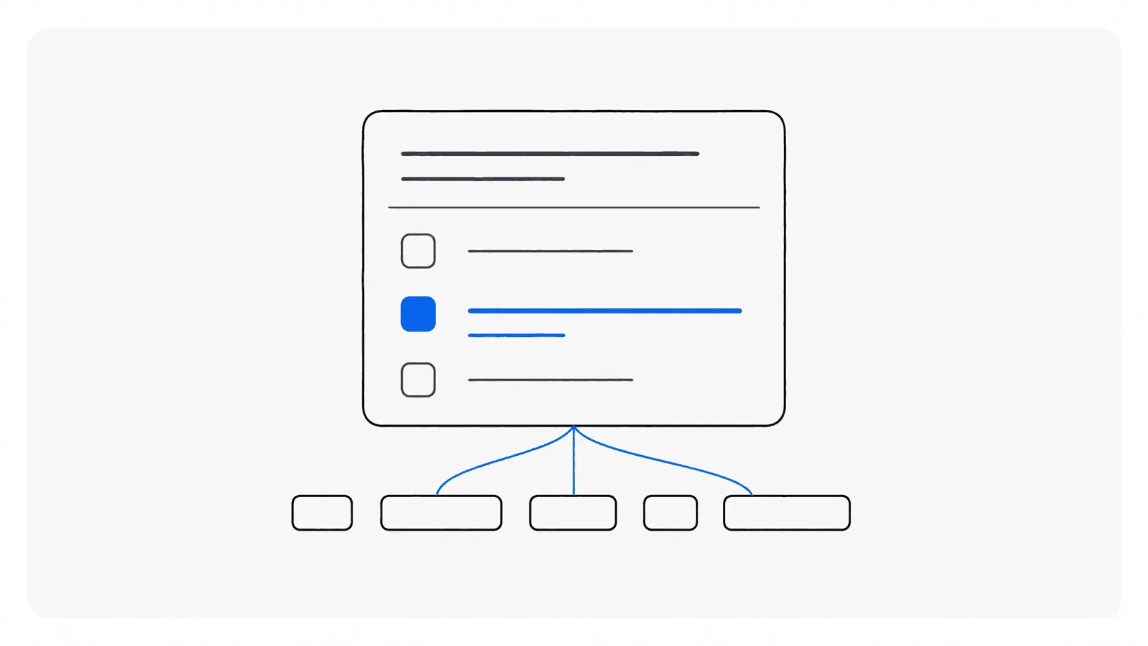 Schematic AI response card on a dark background: three provider lines, one highlighted in blue, with source chips below.